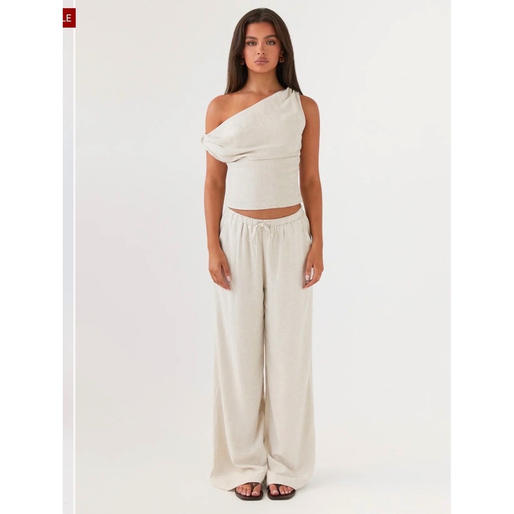 Peppermayo Linen Blend Wide Leg Pants Beige Oatmeal Drawstring XXS US 0